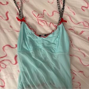 Women's Aqua Mesh Top with Red and Leopard Accents